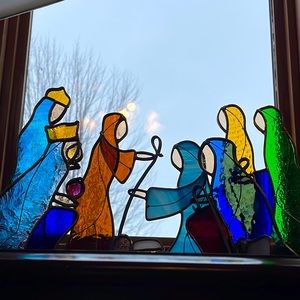 Handmade Stain Glass Christmas Nativity scene 10 pieces Mary Joseph Baby Jesus